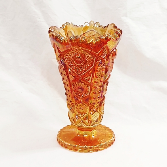 Vintage Imperial Glass Iridescent Marigold Daisy & Button Carnival Glass Vase - Picture 1 of 7